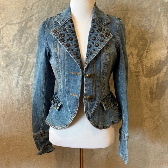 Dollhouse Vintage Denim Jean Studded  Y2K 90’s Feminine Peplum Jacket Sz S - Picture 1 of 14